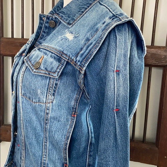 JOIE DEMANDA DISTRESSED JEAN DENIM JACKET W SHARP SHOULDERS AND RED DETAIL SZ XS - Picture 6 of 10
